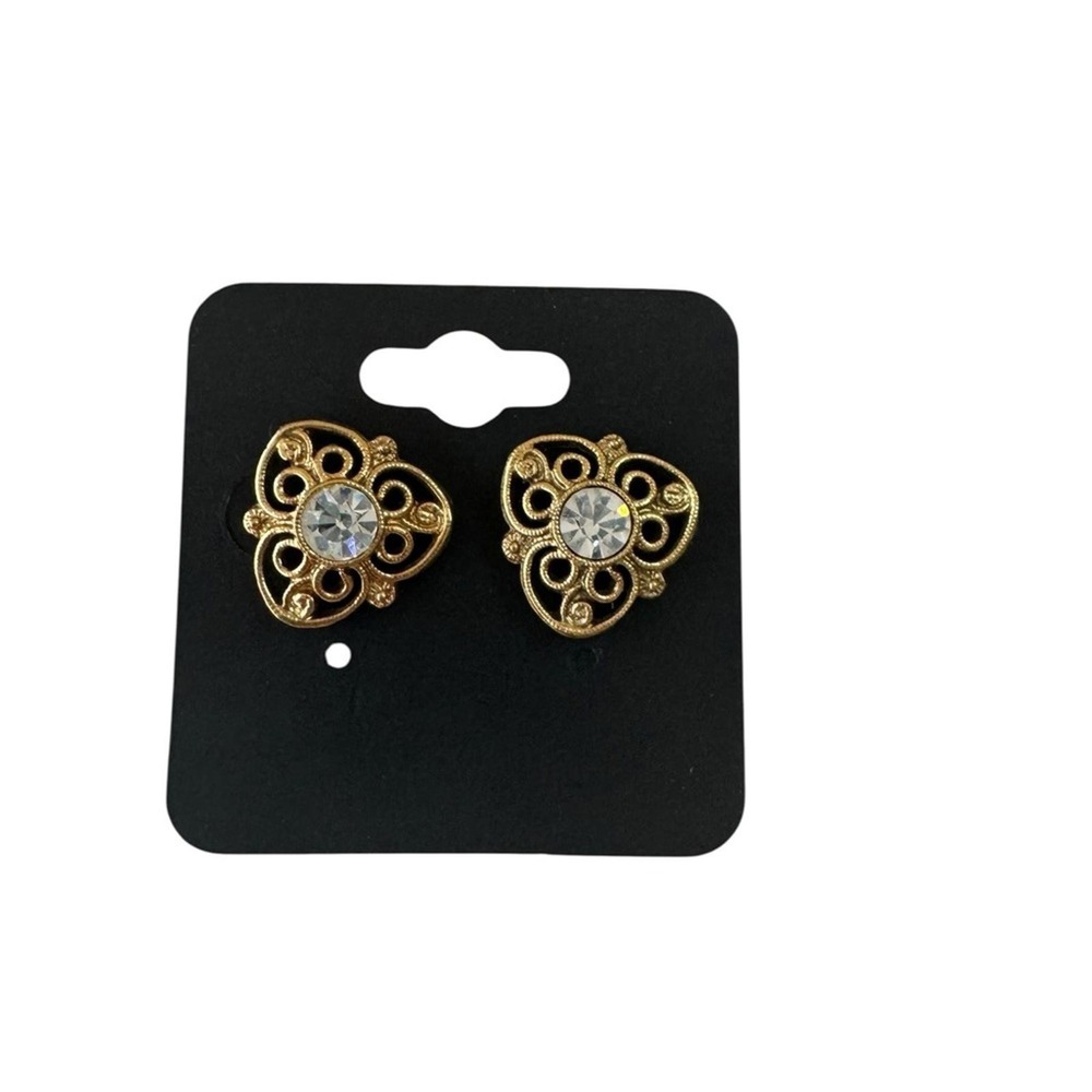 Gold Tone Filigree Heart Stud Earrings Clear Rhinestone Vintage Style Scrollwork